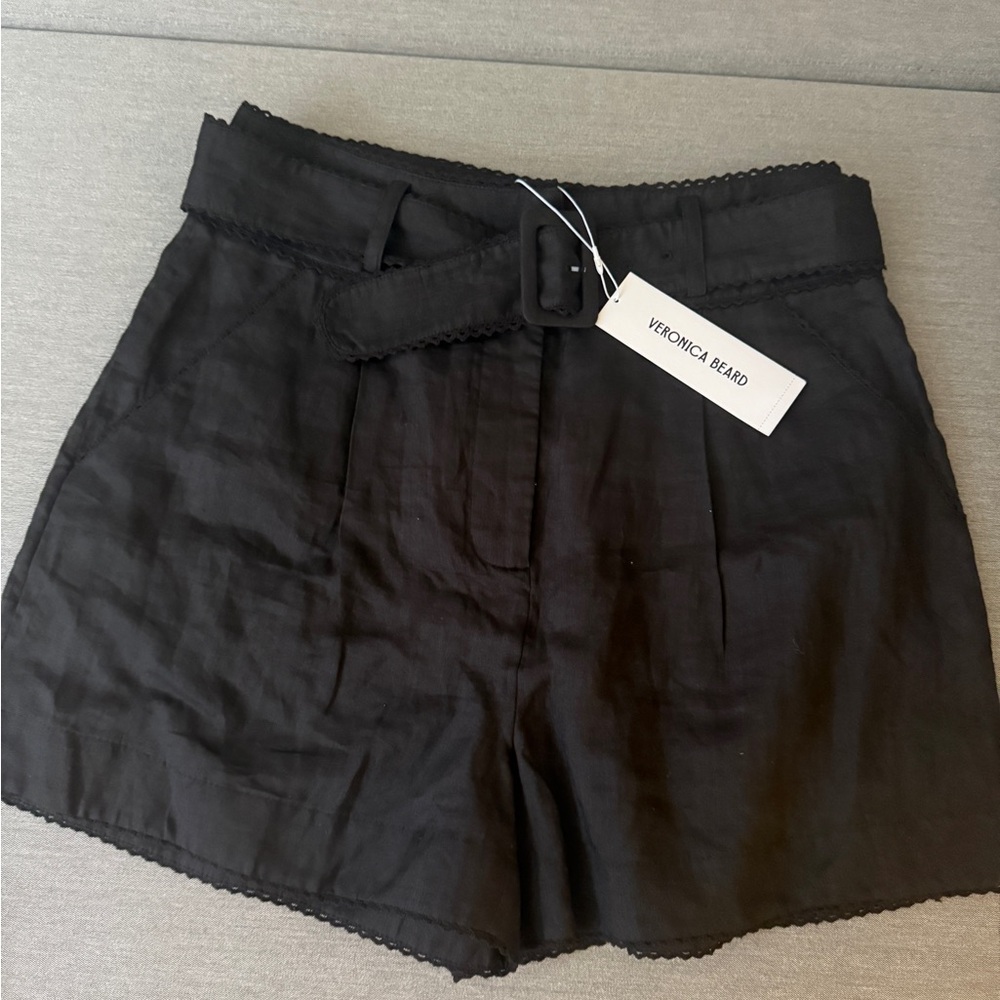NWT Veronica Beard Black High-Waist Belted Linen Shorts